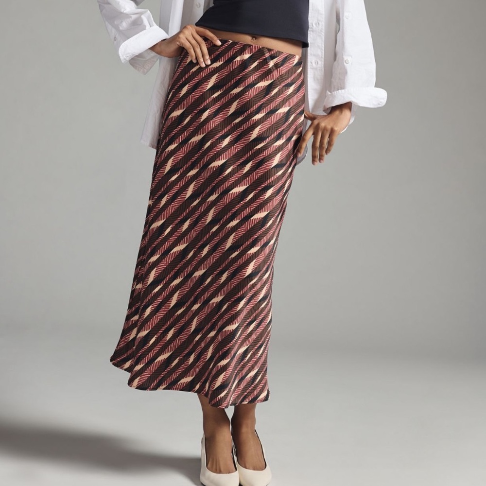Anthropologie Diagonal Striped Satin Maxi Skirt in Brown and Cream Size L